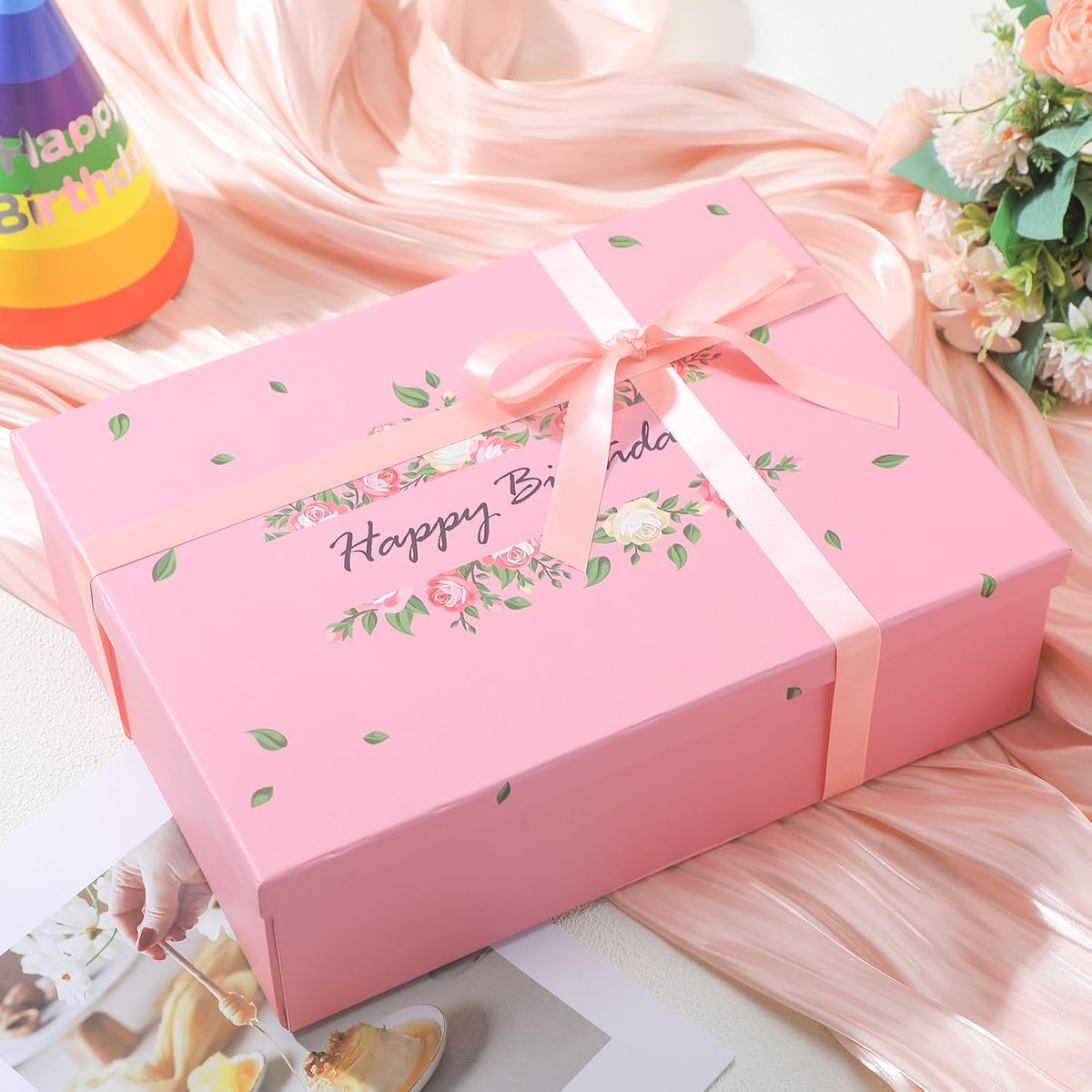 13 Inch Large Luxury Birthday Gift Boxes with Lids for Presents Pink Bow Ribbon Floral Style Gift Box Empty for Birthday, 13.5 x 10 x 4 Inches