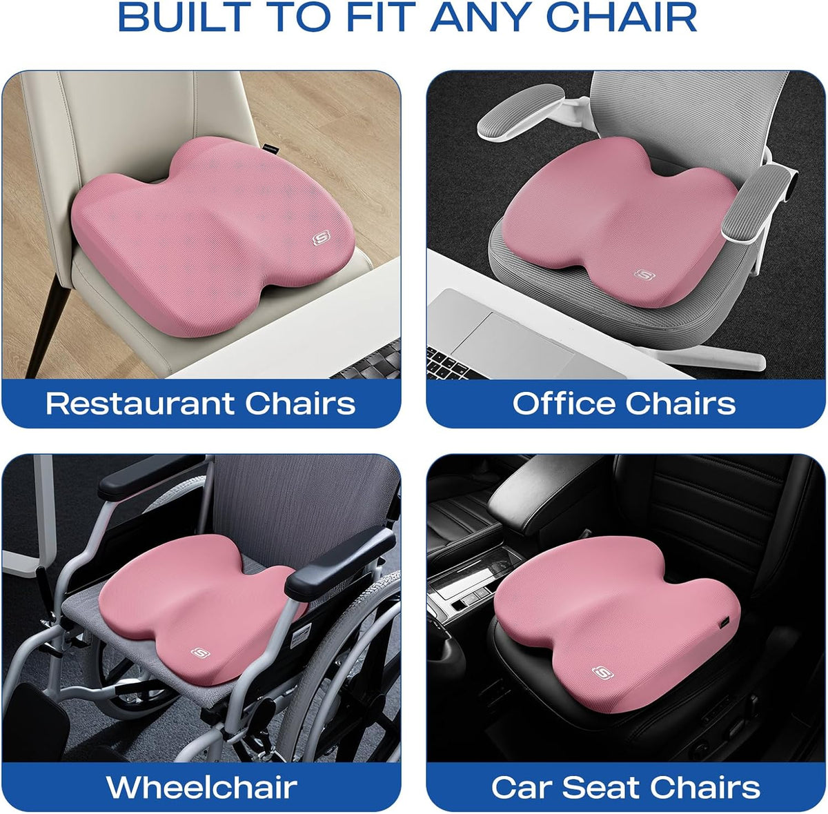Seat Cushion, Ergonomic Memory Foam Cushion for Long Sitting Hours on Office & Home Chair, Car Seat Cushion for Sciatica, Coccyx Cushion,Pink