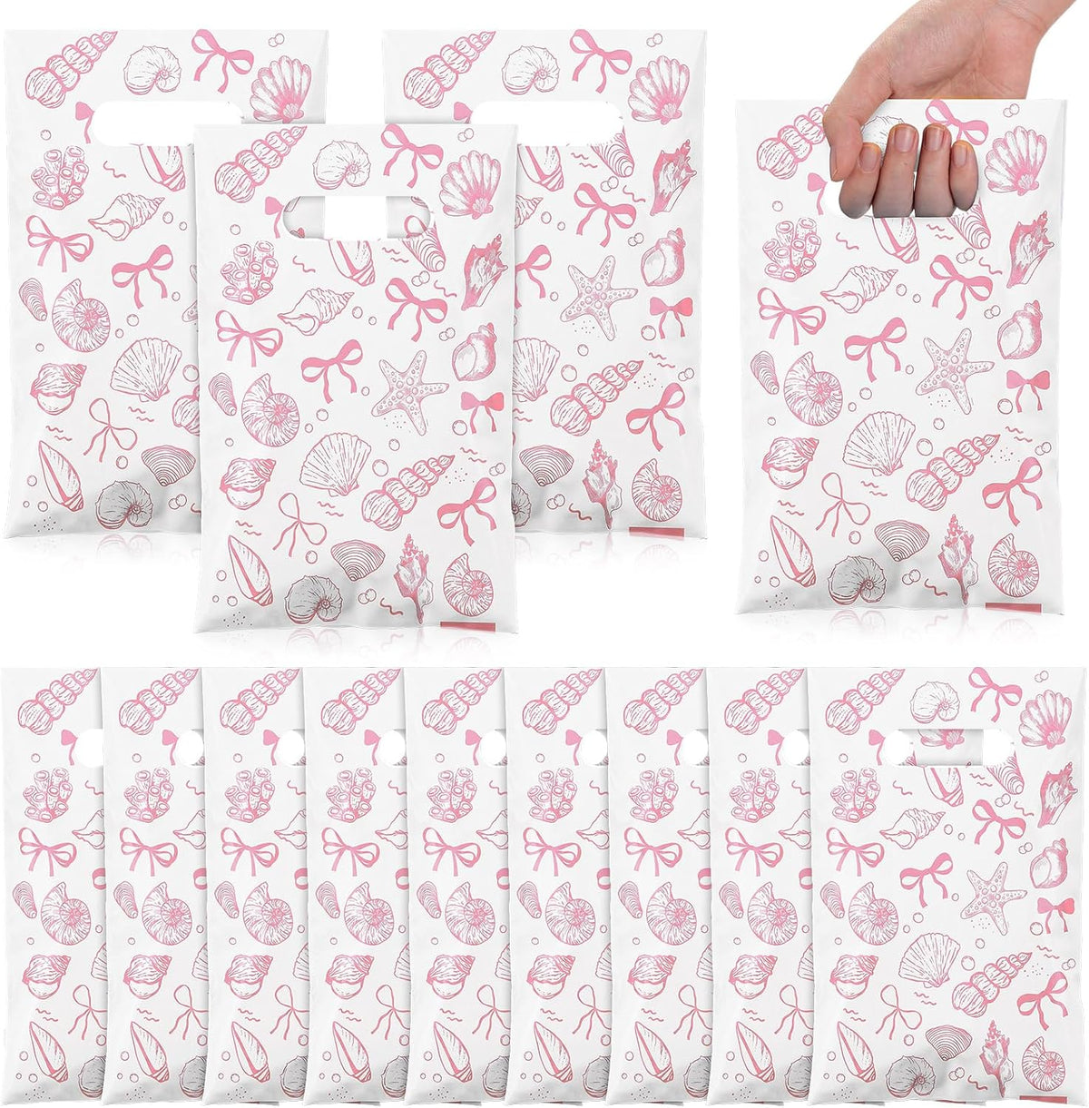 100 Pcs Bow Seashells Gift Bags Bulk Plastic Goody Bags with Handles Treat Candy Gift Packing for Beach Summer Baby Shower Birthday Party Supplies (Pink)