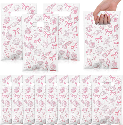 100 Pcs Bow Seashells Gift Bags Bulk Plastic Goody Bags with Handles Treat Candy Gift Packing for Beach Summer Baby Shower Birthday Party Supplies (Pink)