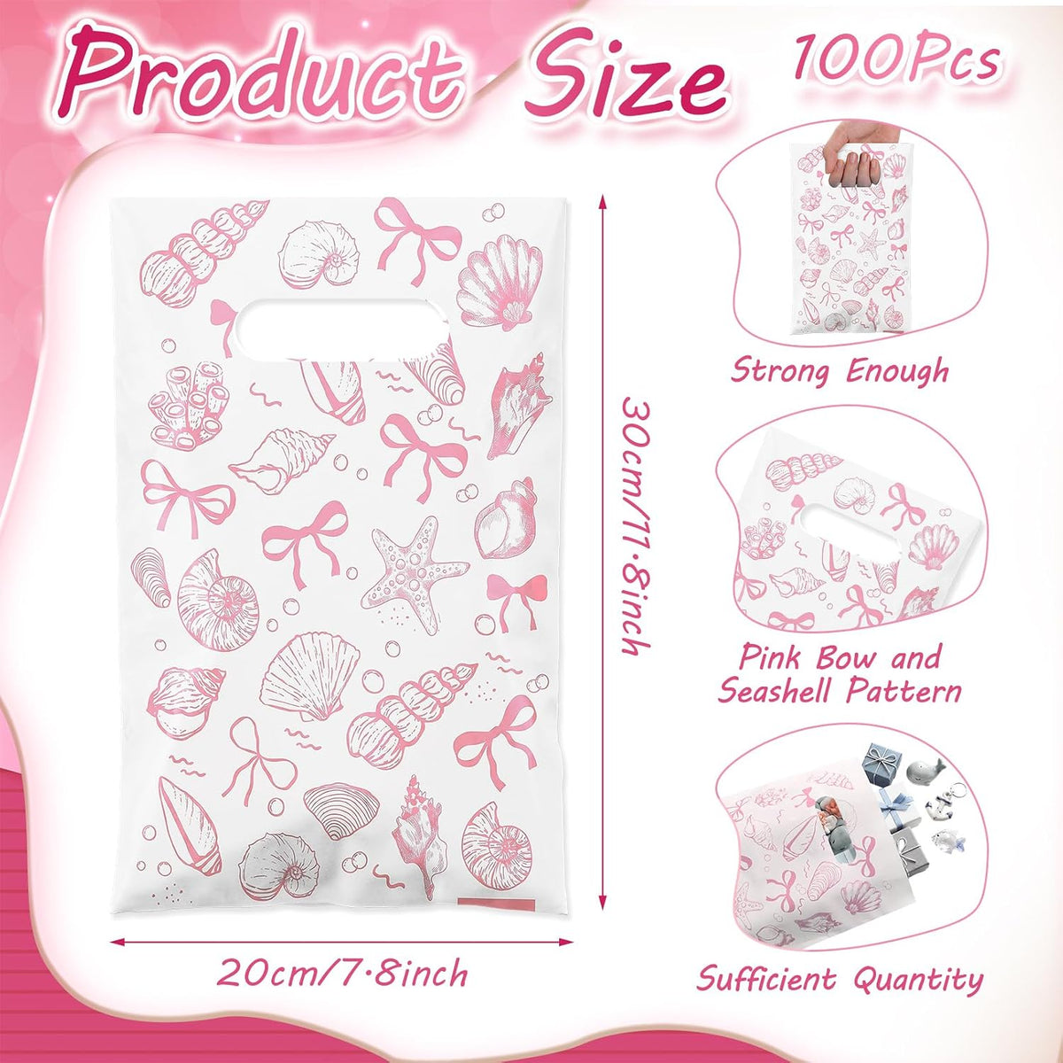 100 Pcs Bow Seashells Gift Bags Bulk Plastic Goody Bags with Handles Treat Candy Gift Packing for Beach Summer Baby Shower Birthday Party Supplies (Pink)