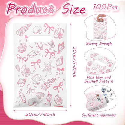 100 Pcs Bow Seashells Gift Bags Bulk Plastic Goody Bags with Handles Treat Candy Gift Packing for Beach Summer Baby Shower Birthday Party Supplies (Pink)