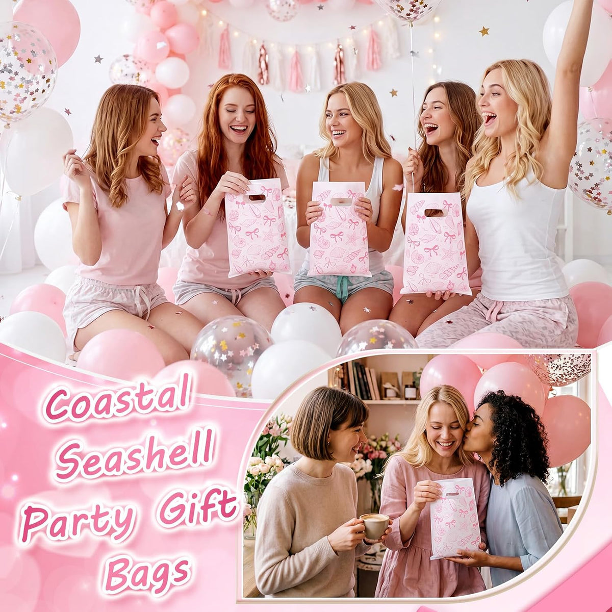 100 Pcs Bow Seashells Gift Bags Bulk Plastic Goody Bags with Handles Treat Candy Gift Packing for Beach Summer Baby Shower Birthday Party Supplies (Pink)