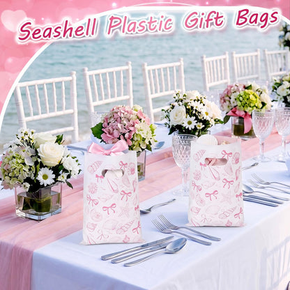 100 Pcs Bow Seashells Gift Bags Bulk Plastic Goody Bags with Handles Treat Candy Gift Packing for Beach Summer Baby Shower Birthday Party Supplies (Pink)