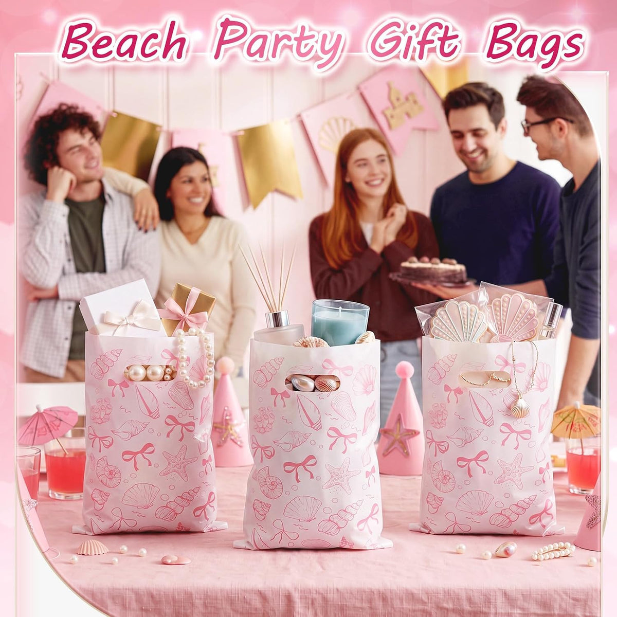 100 Pcs Bow Seashells Gift Bags Bulk Plastic Goody Bags with Handles Treat Candy Gift Packing for Beach Summer Baby Shower Birthday Party Supplies (Pink)