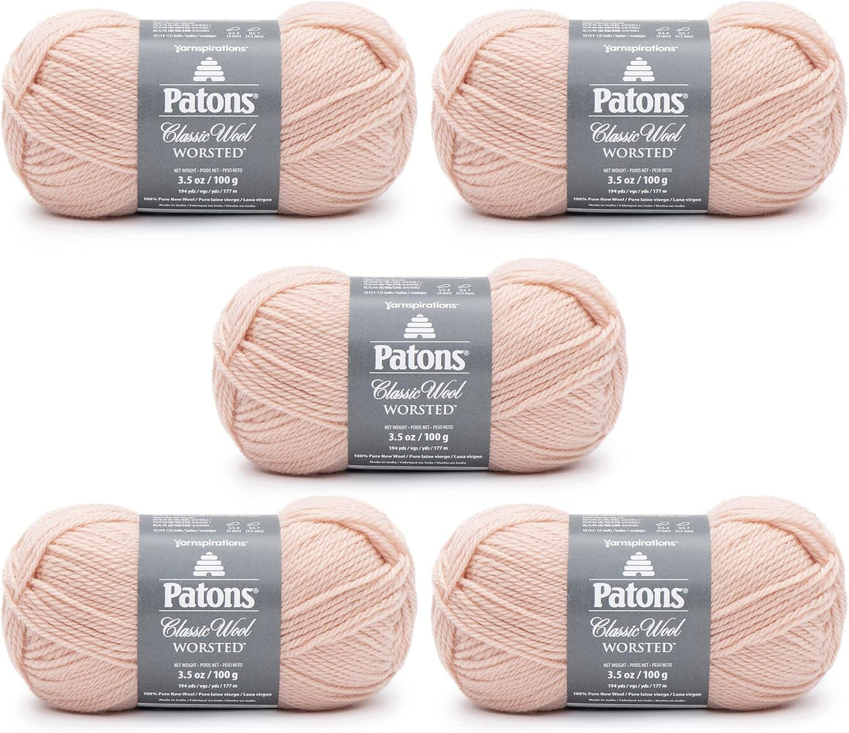 Patons Classic Wool Peach Blush Yarn - 5 Pack of 3.5oz/100g - Wool - 4 Medium - 210 Yards - Knitting/Crochet