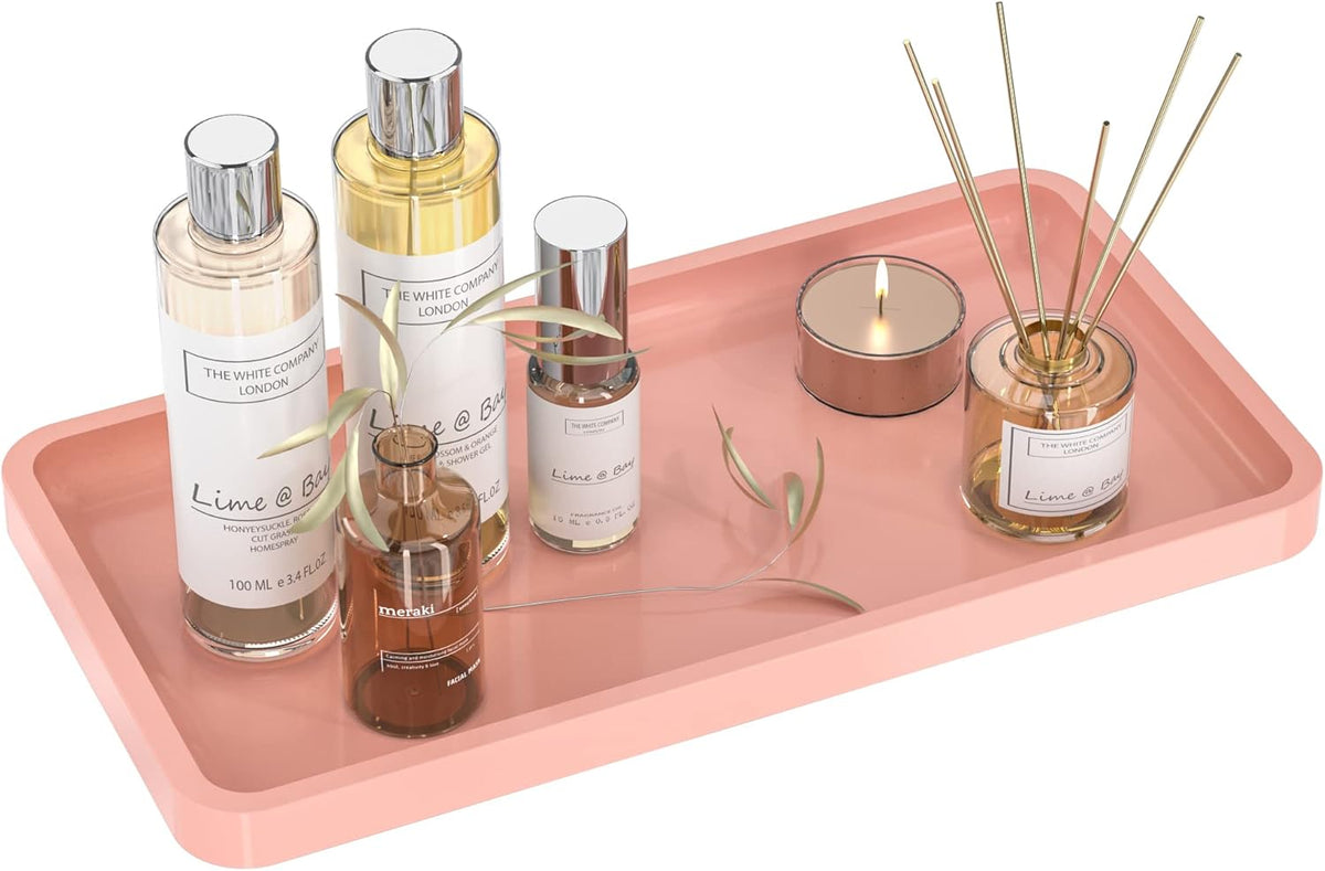 Bathroom Vanity Tray for Countertop - Bamboo Organizer Tray for Dresser Tops, Toilet, Perfume Small Decorative Tray Wood Tray for Home Decoration 11.81” L x 6.1” W x 0.79” H (Pink)