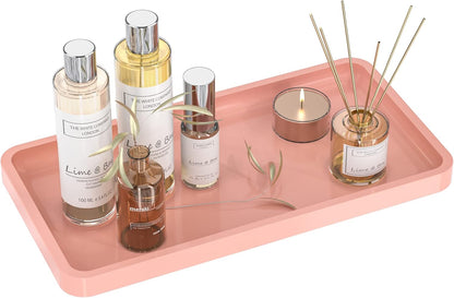 Bathroom Vanity Tray for Countertop - Bamboo Organizer Tray for Dresser Tops, Toilet, Perfume Small Decorative Tray Wood Tray for Home Decoration 11.81” L x 6.1” W x 0.79” H (Pink)