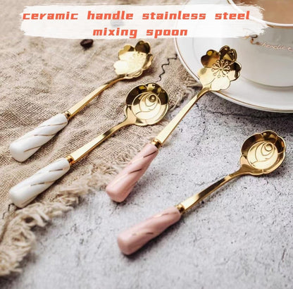 5-piece Ceramic Handle Stainless Steel Spoons Set - Flower-Shaped Coffee & Dessert Utensils, Creative Heat-Resistant Stirring Spoons For Soups, Gifts & Daily Use(Pink flower,Small)