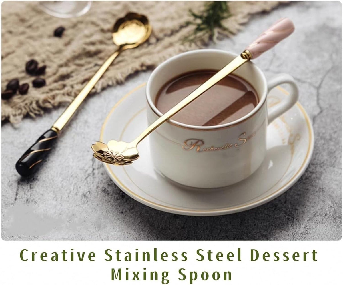 5-piece Ceramic Handle Stainless Steel Spoons Set - Flower-Shaped Coffee & Dessert Utensils, Creative Heat-Resistant Stirring Spoons For Soups, Gifts & Daily Use(Pink flower,Small)