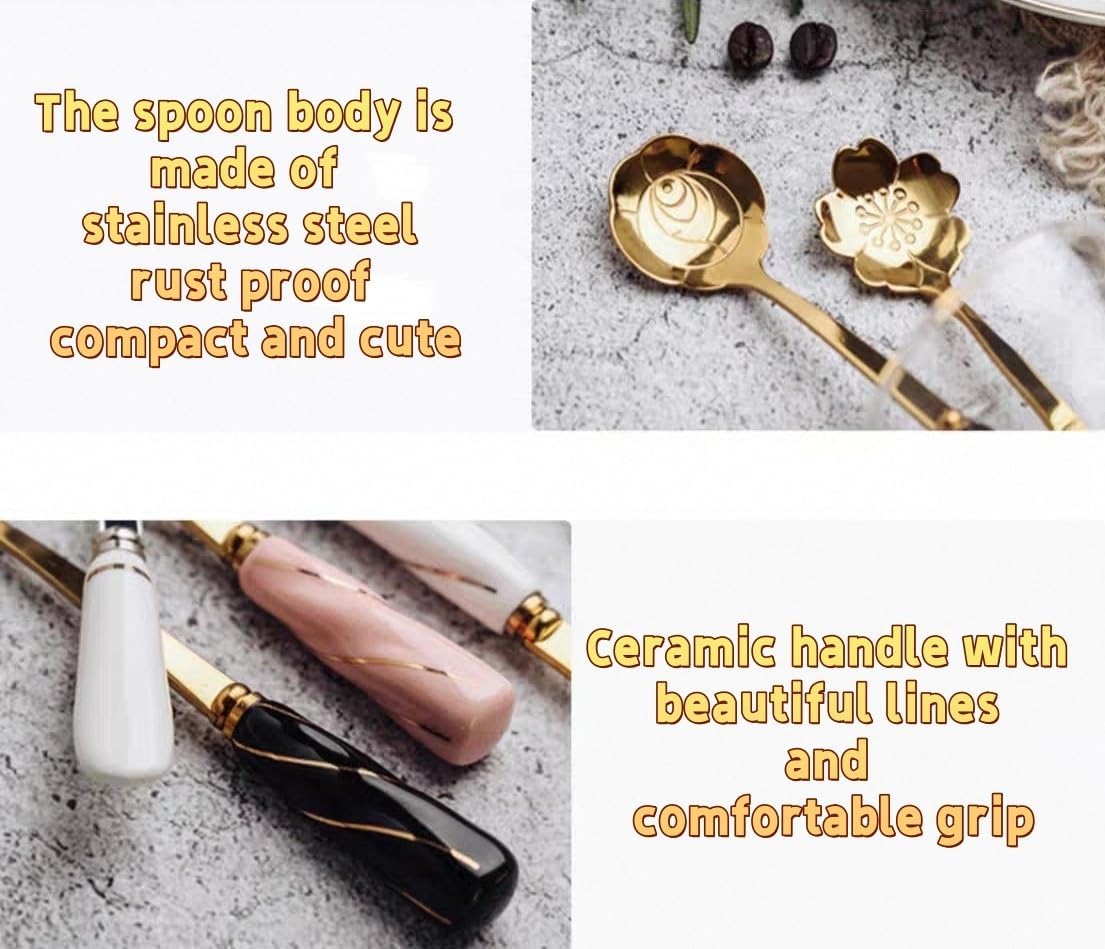 5-piece Ceramic Handle Stainless Steel Spoons Set - Flower-Shaped Coffee & Dessert Utensils, Creative Heat-Resistant Stirring Spoons For Soups, Gifts & Daily Use(Pink flower,Small)