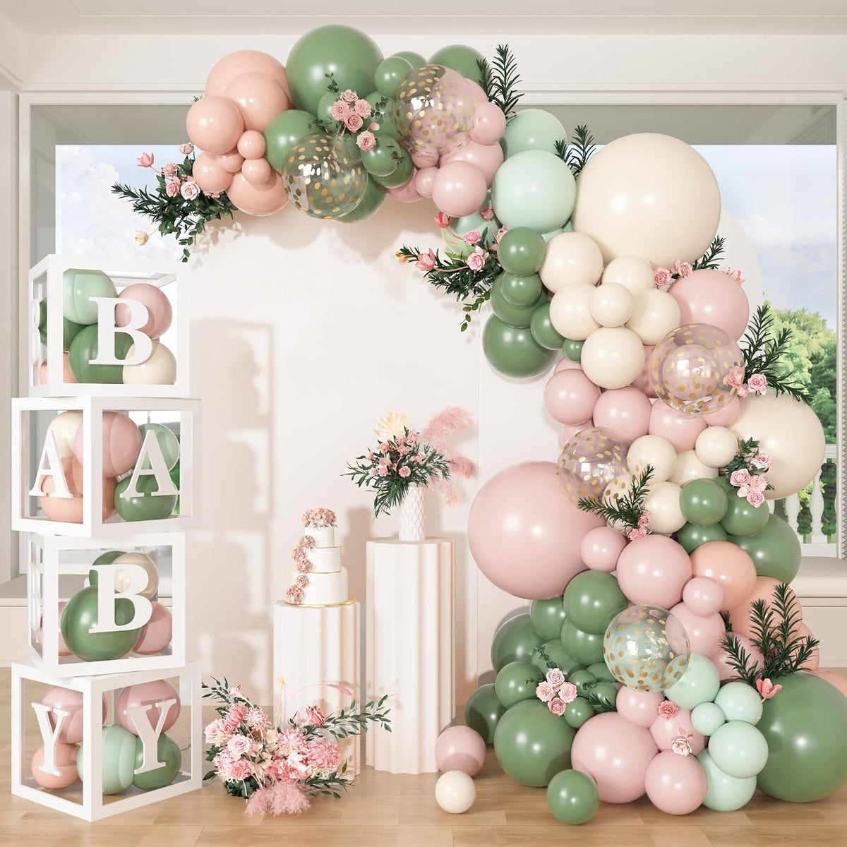 153Pcs Pink and Sage Green Balloon Baby Shower Decorations for Girl