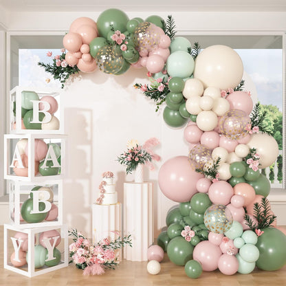 153Pcs Pink and Sage Green Balloon Baby Shower Decorations for Girl