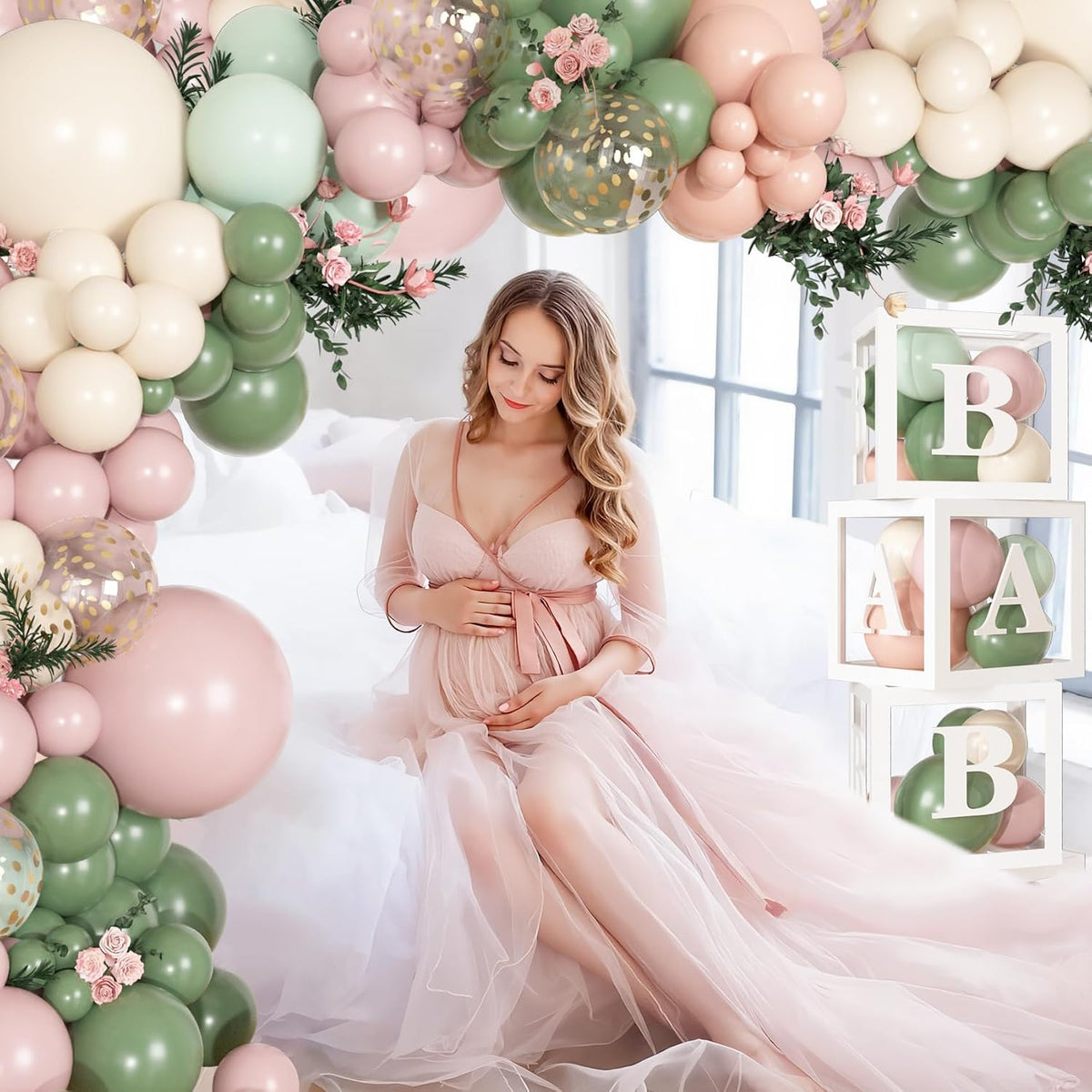 153Pcs Pink and Sage Green Balloon Baby Shower Decorations for Girl