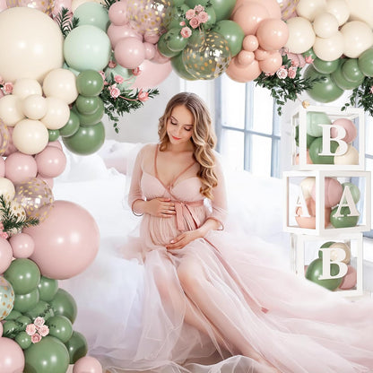 153Pcs Pink and Sage Green Balloon Baby Shower Decorations for Girl