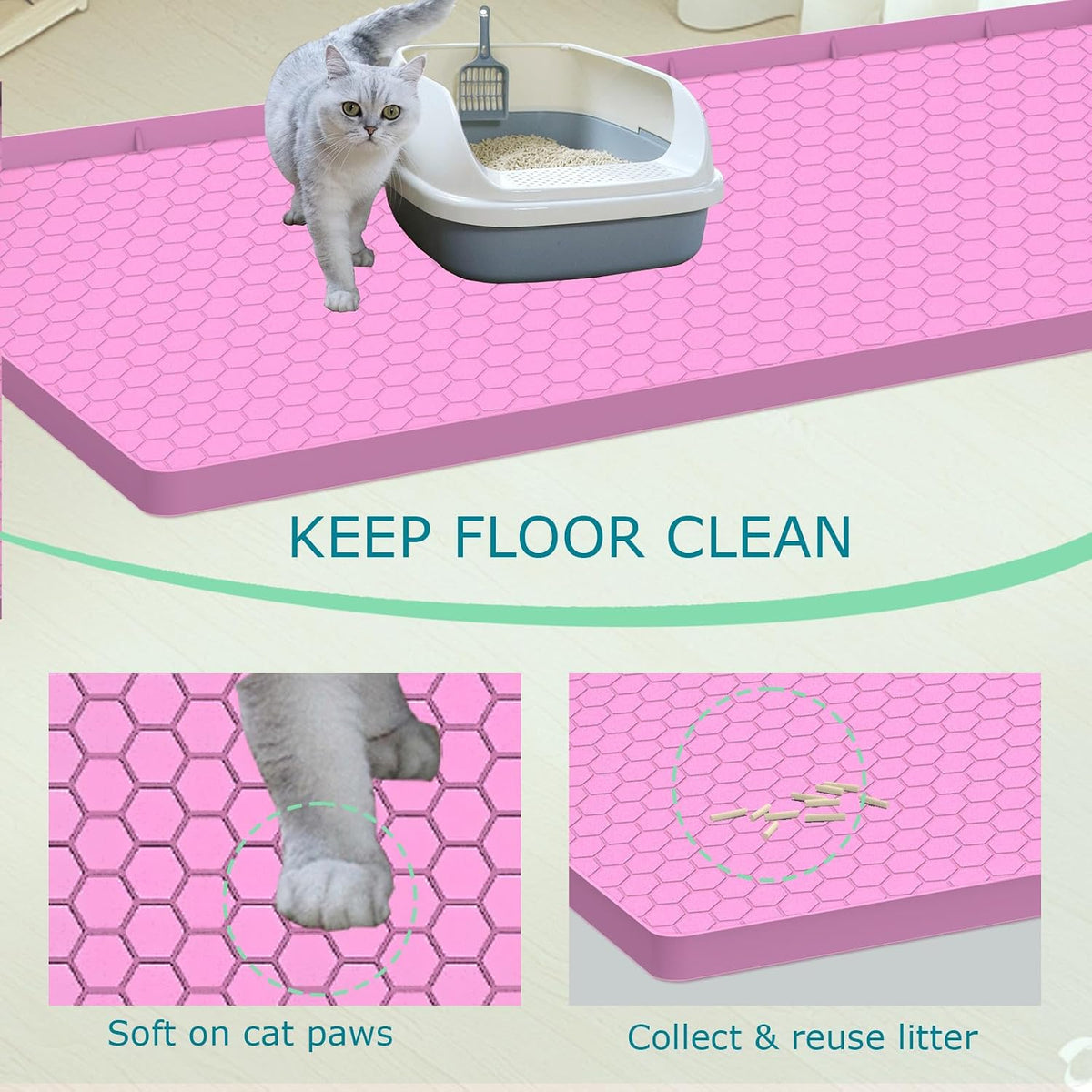 Cat Litter Mat for Litter Box, Silicone Large Cat Litter Trapping Mat - 28x19 in, Waterproof & Non-Slip, Durable & Easy Clean, Pink