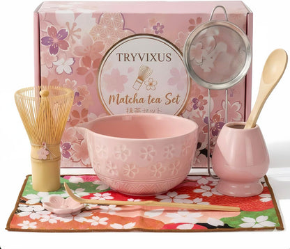 Matcha Whisk Set of 8 Pieces with Ceramic Bowl, Bamboo Chasen,Tea Whisk Stand,Sifter,Spoon,Scoop & Stand, Towel,Complete Matcha kit (Pink)