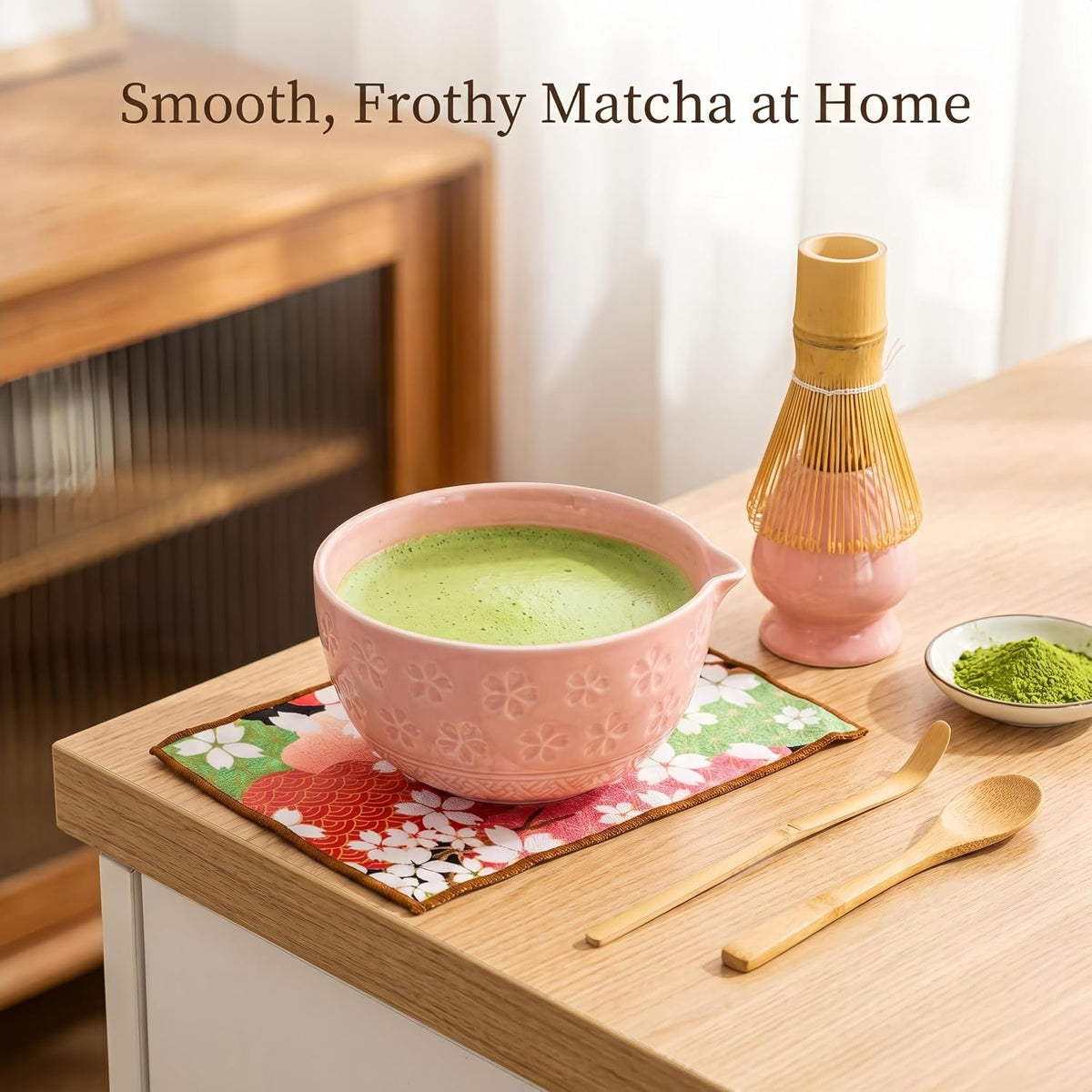 Matcha Whisk Set of 8 Pieces with Ceramic Bowl, Bamboo Chasen,Tea Whisk Stand,Sifter,Spoon,Scoop & Stand, Towel,Complete Matcha kit (Pink)