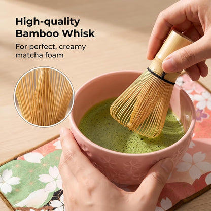 Matcha Whisk Set of 8 Pieces with Ceramic Bowl, Bamboo Chasen,Tea Whisk Stand,Sifter,Spoon,Scoop & Stand, Towel,Complete Matcha kit (Pink)