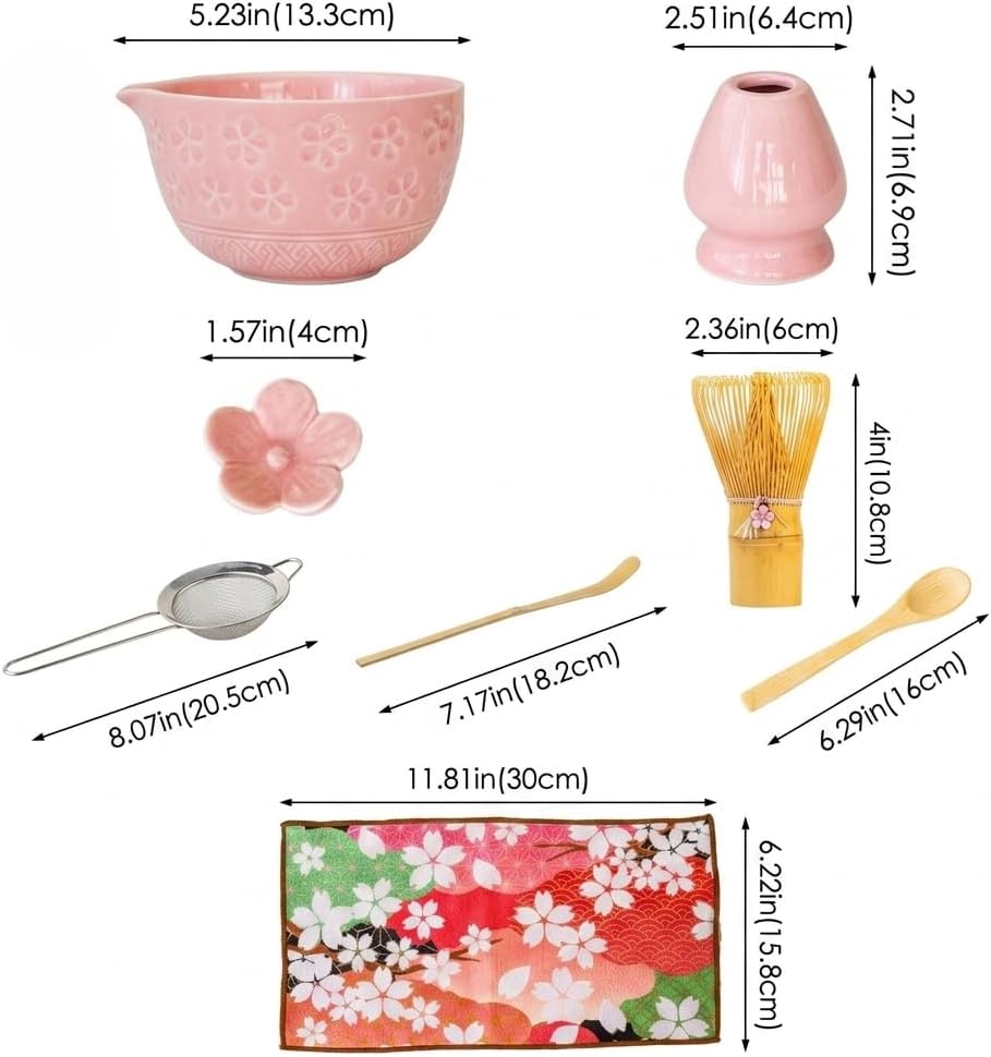 Matcha Whisk Set of 8 Pieces with Ceramic Bowl, Bamboo Chasen,Tea Whisk Stand,Sifter,Spoon,Scoop & Stand, Towel,Complete Matcha kit (Pink)