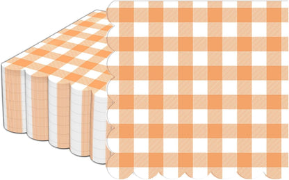 100Pcs Fall Orange and White Scalloped Napkins 6.5in Plaid Paper Decoration Party Supplies Orange Checkered Dessert Disposable Napkins for Boys Wedding Birthday Baby Shower Picnic Party Favor