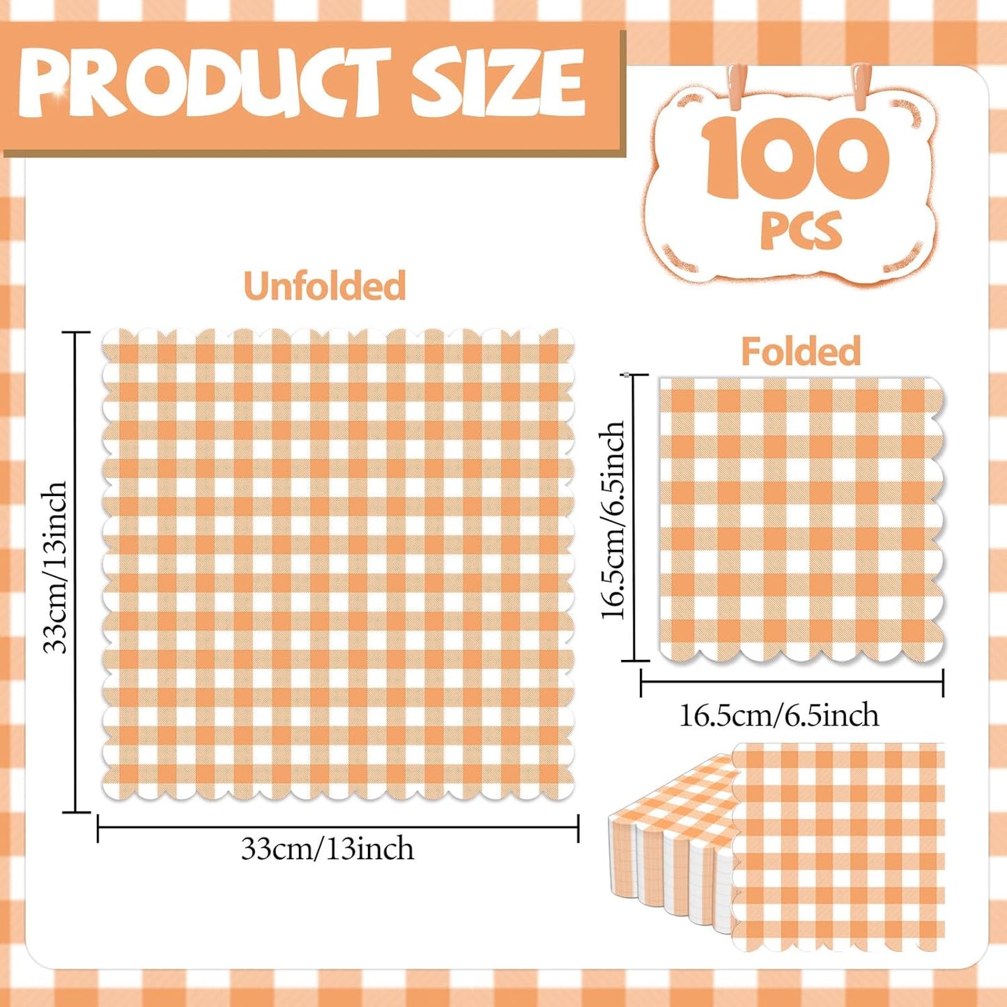 100Pcs Fall Orange and White Scalloped Napkins 6.5in Plaid Paper Decoration Party Supplies Orange Checkered Dessert Disposable Napkins for Boys Wedding Birthday Baby Shower Picnic Party Favor