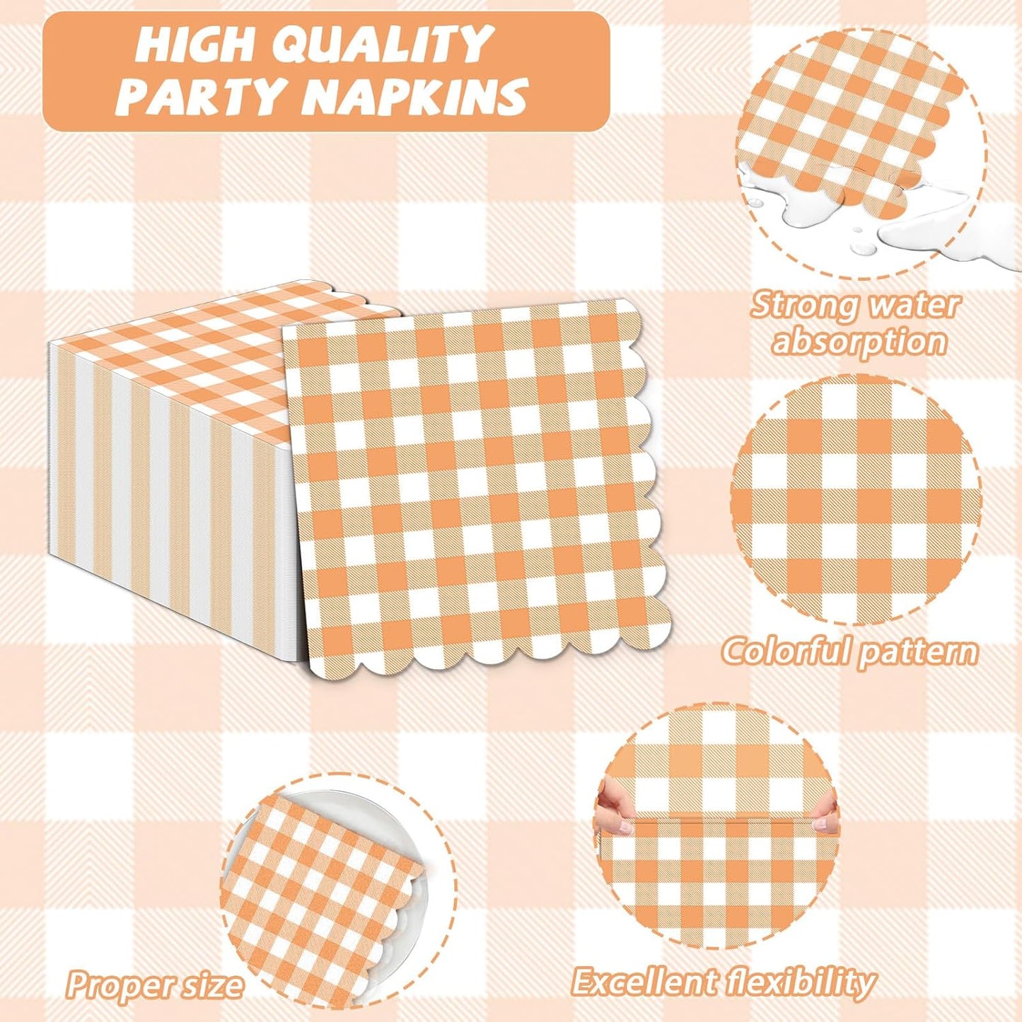 100Pcs Fall Orange and White Scalloped Napkins 6.5in Plaid Paper Decoration Party Supplies Orange Checkered Dessert Disposable Napkins for Boys Wedding Birthday Baby Shower Picnic Party Favor