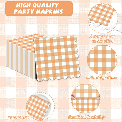 100Pcs Fall Orange and White Scalloped Napkins 6.5in Plaid Paper Decoration Party Supplies Orange Checkered Dessert Disposable Napkins for Boys Wedding Birthday Baby Shower Picnic Party Favor