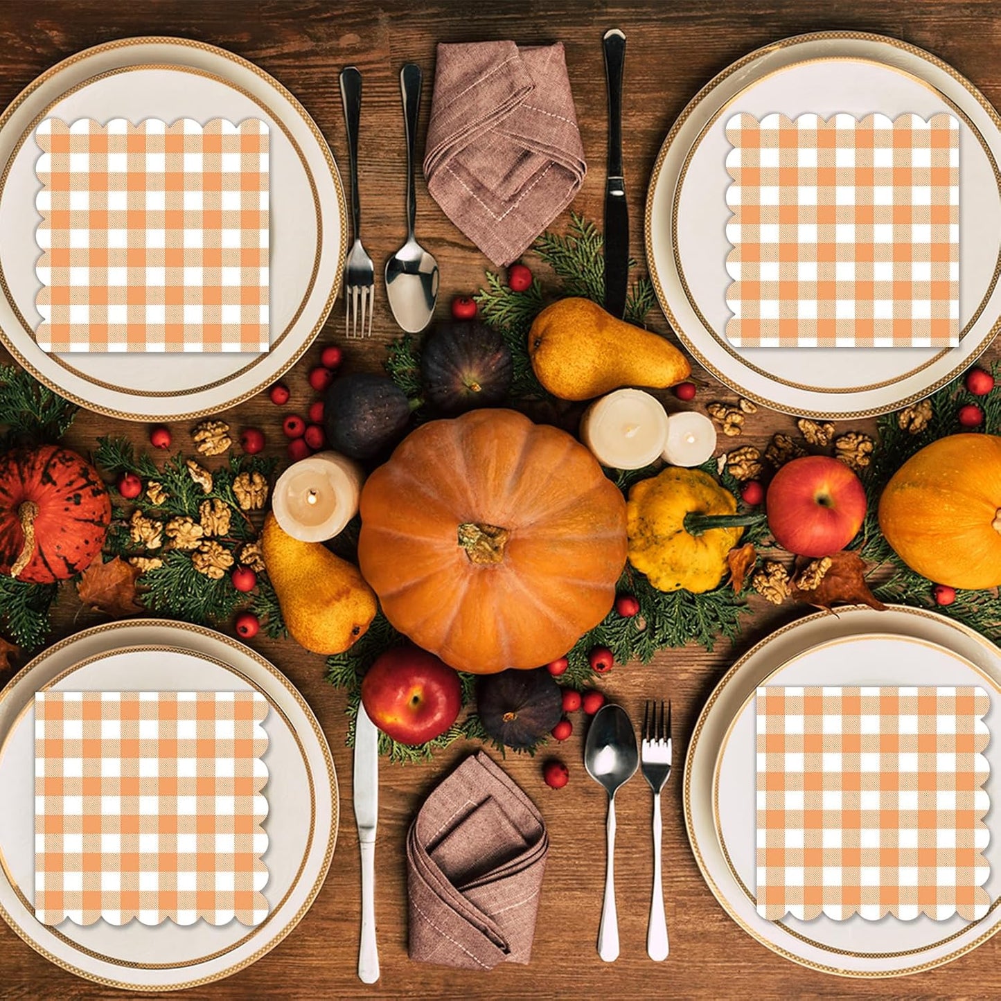 100Pcs Fall Orange and White Scalloped Napkins 6.5in Plaid Paper Decoration Party Supplies Orange Checkered Dessert Disposable Napkins for Boys Wedding Birthday Baby Shower Picnic Party Favor