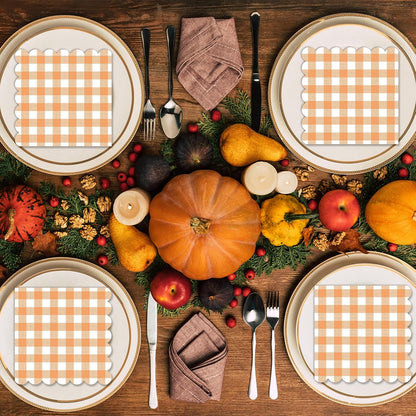 100Pcs Fall Orange and White Scalloped Napkins 6.5in Plaid Paper Decoration Party Supplies Orange Checkered Dessert Disposable Napkins for Boys Wedding Birthday Baby Shower Picnic Party Favor