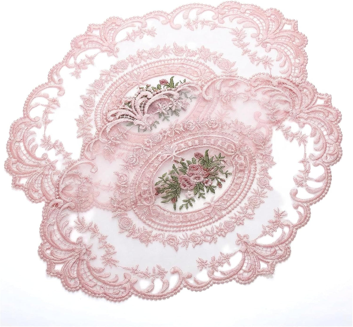 2Pcs Lace Placemats French Style Retro Placemats Pink Doilies Table Runner Lace Dresser Scarves Cup Mat Table Runner with Pink Flowers Doilies