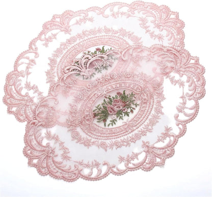 2Pcs Lace Placemats French Style Retro Placemats Pink Doilies Table Runner Lace Dresser Scarves Cup Mat Table Runner with Pink Flowers Doilies