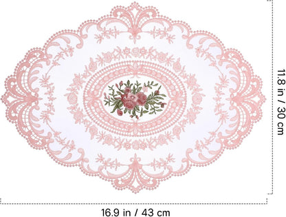 2Pcs Lace Placemats French Style Retro Placemats Pink Doilies Table Runner Lace Dresser Scarves Cup Mat Table Runner with Pink Flowers Doilies