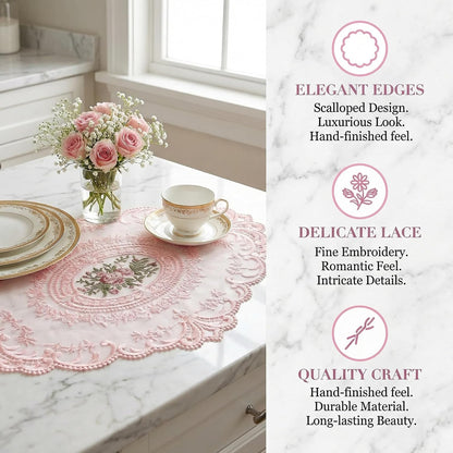 2Pcs Lace Placemats French Style Retro Placemats Pink Doilies Table Runner Lace Dresser Scarves Cup Mat Table Runner with Pink Flowers Doilies
