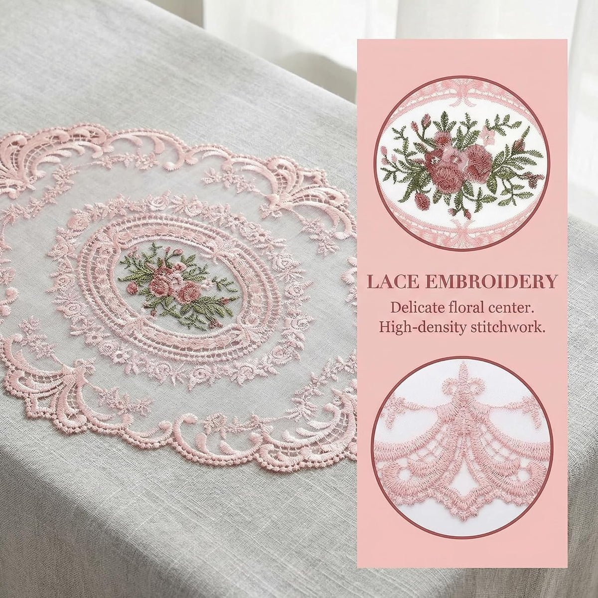 2Pcs Lace Placemats French Style Retro Placemats Pink Doilies Table Runner Lace Dresser Scarves Cup Mat Table Runner with Pink Flowers Doilies