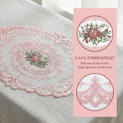 2Pcs Lace Placemats French Style Retro Placemats Pink Doilies Table Runner Lace Dresser Scarves Cup Mat Table Runner with Pink Flowers Doilies