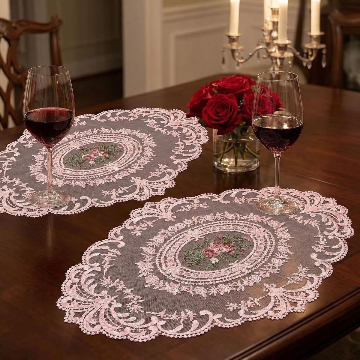 2Pcs Lace Placemats French Style Retro Placemats Pink Doilies Table Runner Lace Dresser Scarves Cup Mat Table Runner with Pink Flowers Doilies
