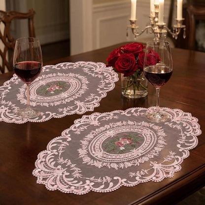 2Pcs Lace Placemats French Style Retro Placemats Pink Doilies Table Runner Lace Dresser Scarves Cup Mat Table Runner with Pink Flowers Doilies