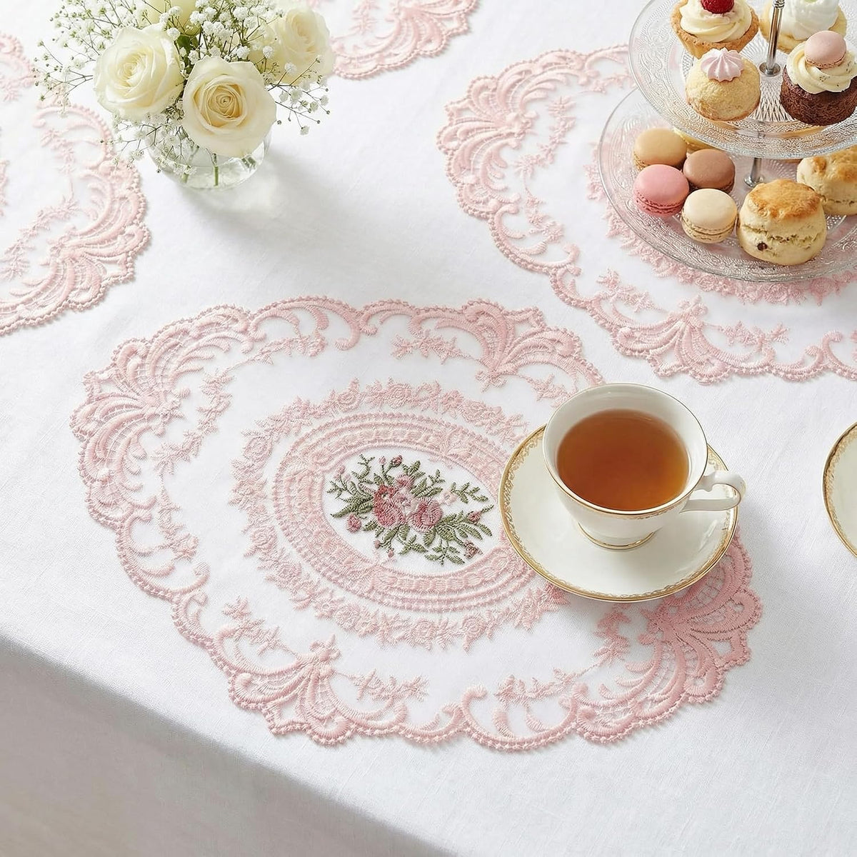 2Pcs Lace Placemats French Style Retro Placemats Pink Doilies Table Runner Lace Dresser Scarves Cup Mat Table Runner with Pink Flowers Doilies
