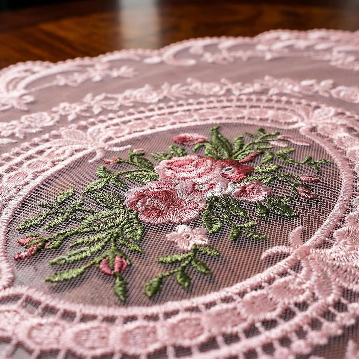 2Pcs Lace Placemats French Style Retro Placemats Pink Doilies Table Runner Lace Dresser Scarves Cup Mat Table Runner with Pink Flowers Doilies