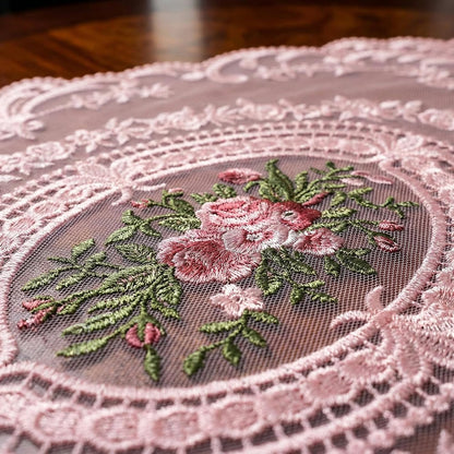 2Pcs Lace Placemats French Style Retro Placemats Pink Doilies Table Runner Lace Dresser Scarves Cup Mat Table Runner with Pink Flowers Doilies