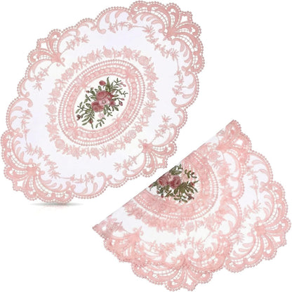 2Pcs Lace Placemats French Style Retro Placemats Pink Doilies Table Runner Lace Dresser Scarves Cup Mat Table Runner with Pink Flowers Doilies