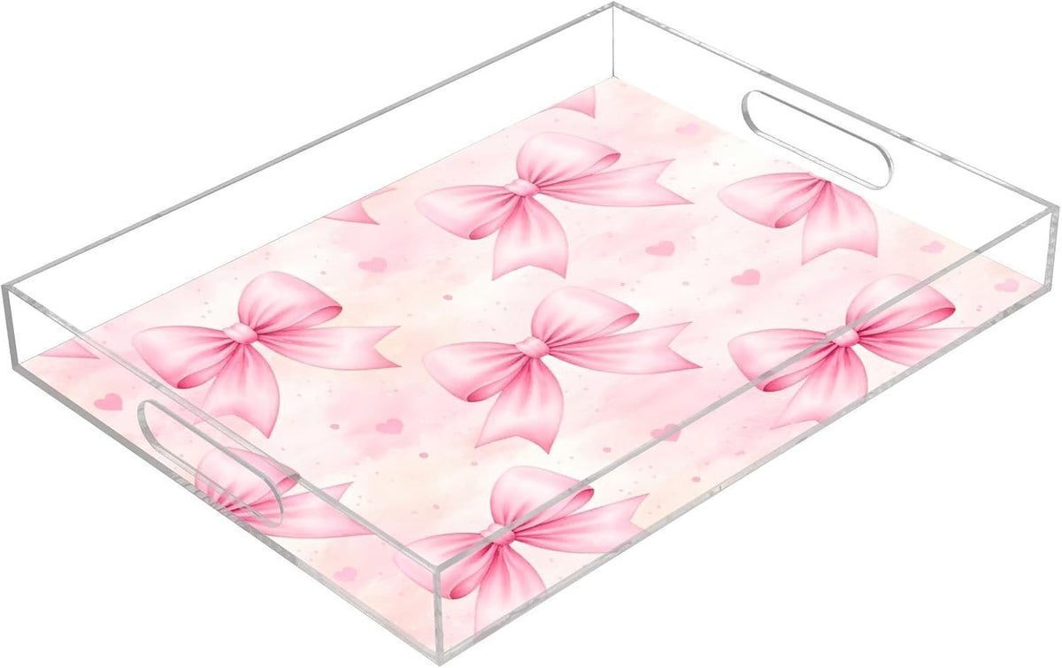 Bows Light Pink Serving Tray 12" x 16" Acrylic Trays with Handles Decorative Serving Platter for Coffee, Breakfast in Bed, Dinner, Appetizers, Patio, Party