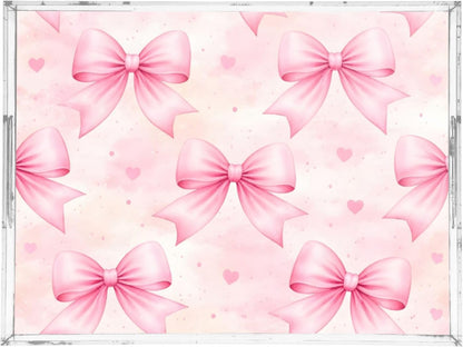 Bows Light Pink Serving Tray 12" x 16" Acrylic Trays with Handles Decorative Serving Platter for Coffee, Breakfast in Bed, Dinner, Appetizers, Patio, Party