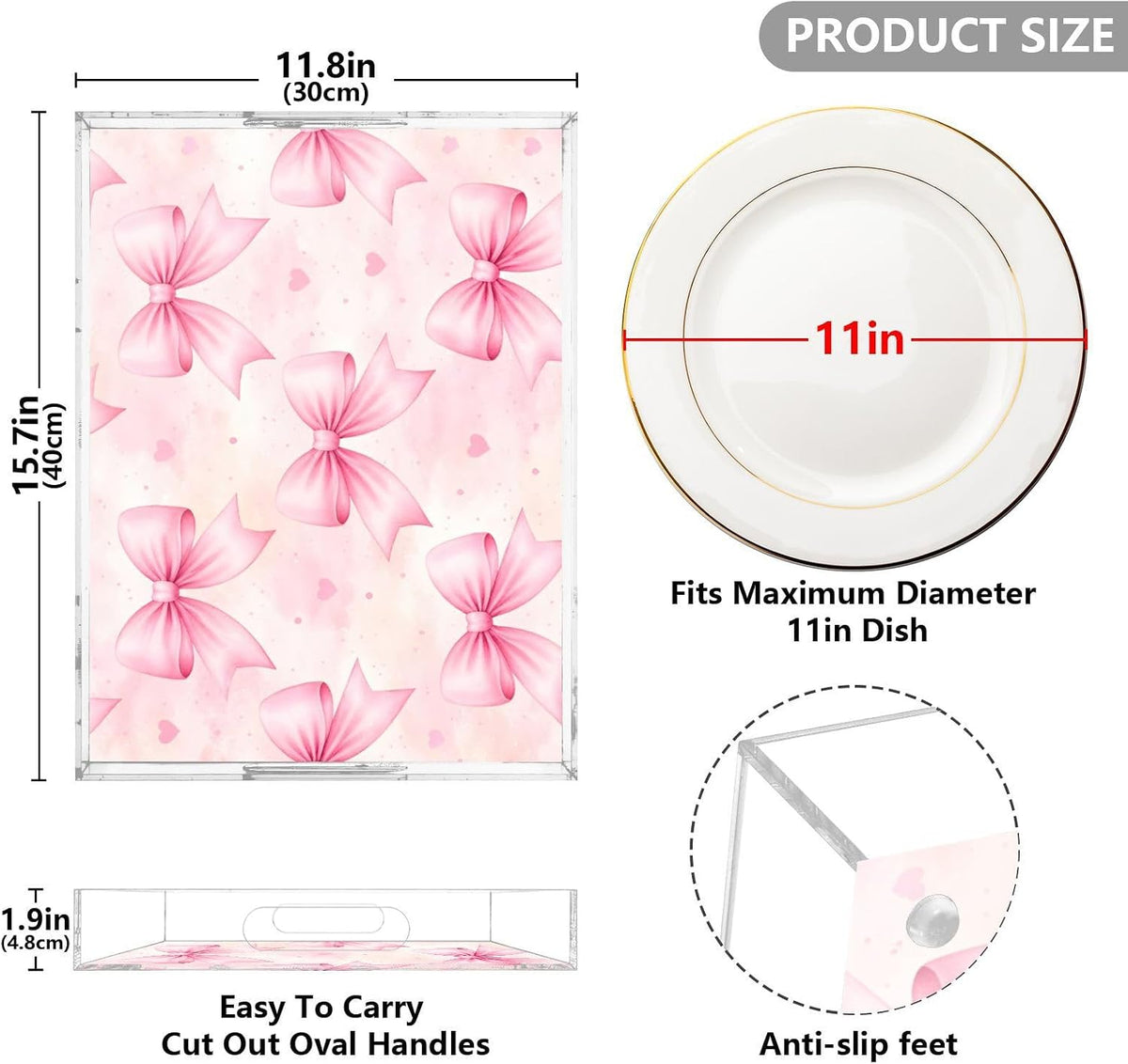 Bows Light Pink Serving Tray 12" x 16" Acrylic Trays with Handles Decorative Serving Platter for Coffee, Breakfast in Bed, Dinner, Appetizers, Patio, Party
