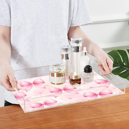 Bows Light Pink Serving Tray 12" x 16" Acrylic Trays with Handles Decorative Serving Platter for Coffee, Breakfast in Bed, Dinner, Appetizers, Patio, Party