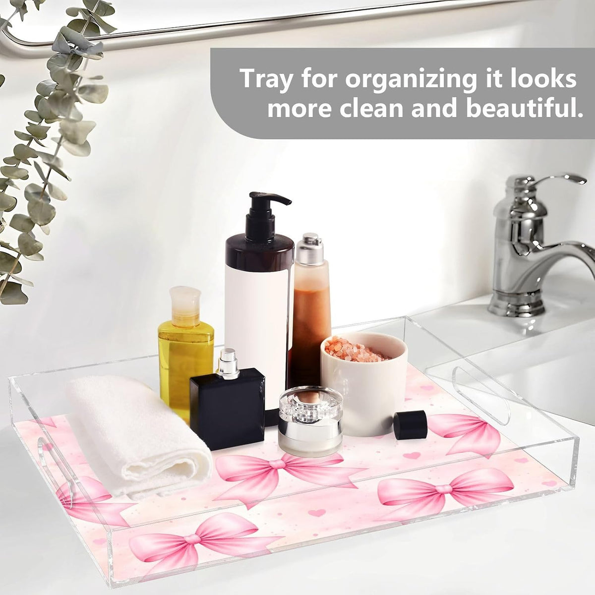 Bows Light Pink Serving Tray 12" x 16" Acrylic Trays with Handles Decorative Serving Platter for Coffee, Breakfast in Bed, Dinner, Appetizers, Patio, Party