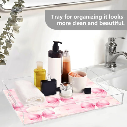 Bows Light Pink Serving Tray 12" x 16" Acrylic Trays with Handles Decorative Serving Platter for Coffee, Breakfast in Bed, Dinner, Appetizers, Patio, Party