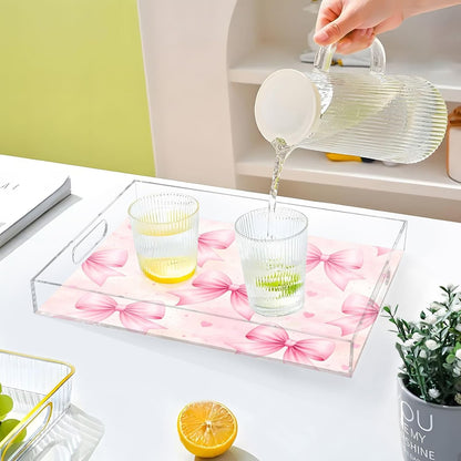 Bows Light Pink Serving Tray 12" x 16" Acrylic Trays with Handles Decorative Serving Platter for Coffee, Breakfast in Bed, Dinner, Appetizers, Patio, Party