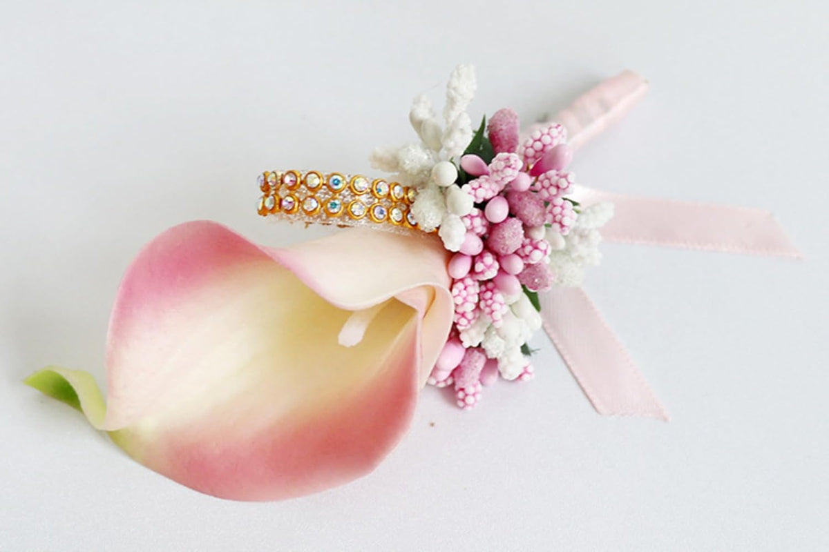 Handmade Calla Lily Groom Groomsman Boutonniere with Pins Set of 8, Calla Lily Boutonniere Men Wedding for Wedding Party Prom Event Ceremony Anniversary (Peach Pink,8PCS)